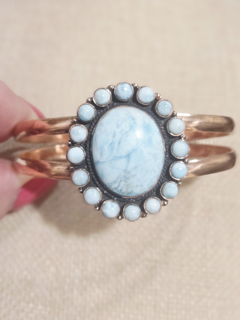 Light Blue Larimar Stone Halo Cuff Bracelet